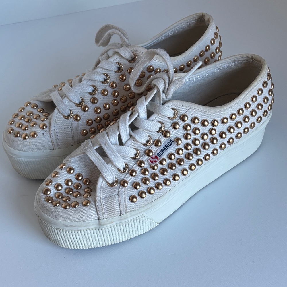 Superga Women's White Sneakers with Gold Studs Euro 38 Us 7.5-8